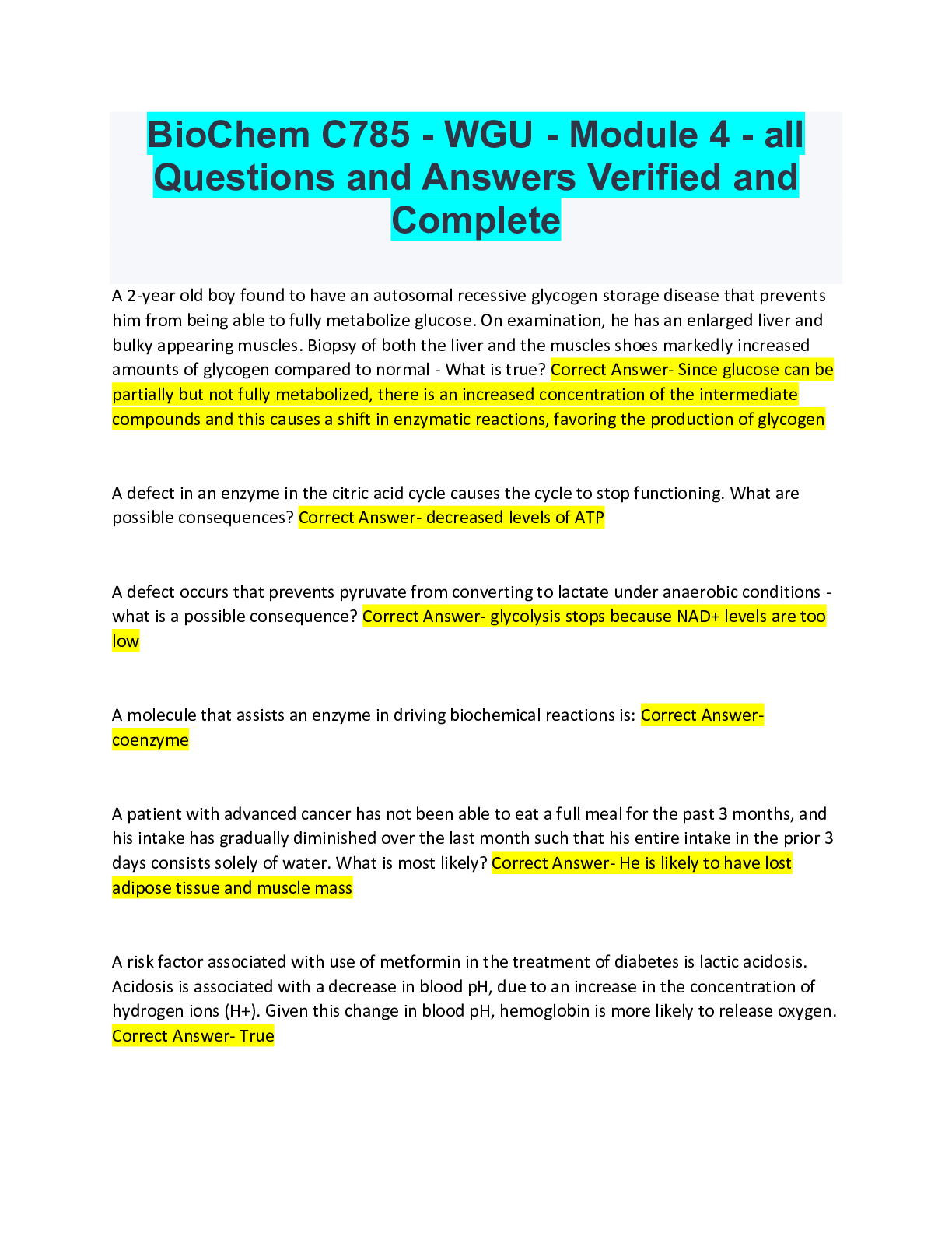 Preview image for BioChem C785 - WGU - Module 4 - all Questions and Answers Verified and Complete